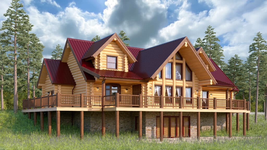 Beautiful luxury log home with lush green beauty