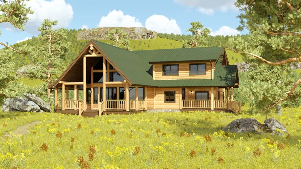 Green Log home in green forest