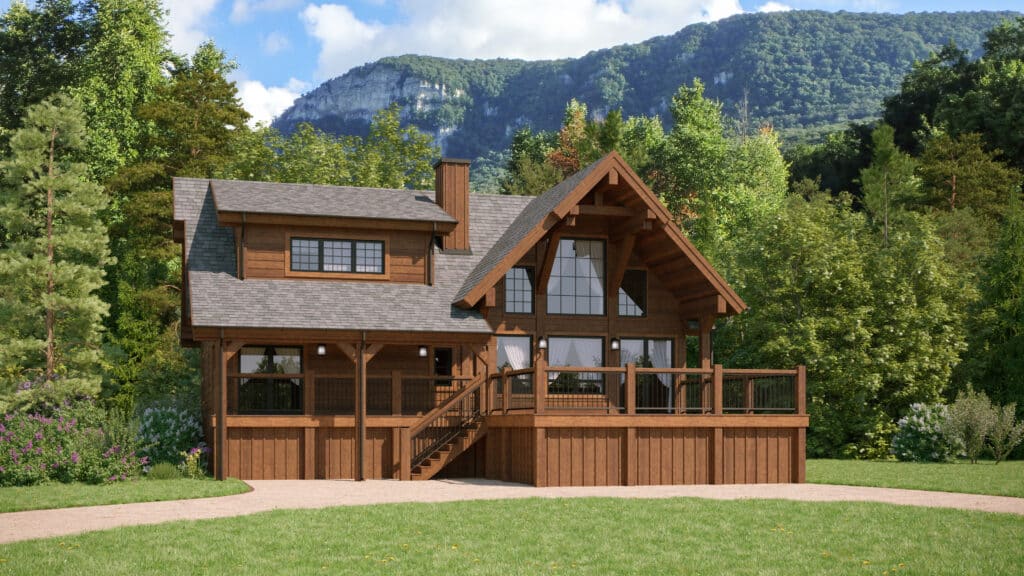 luxury log home with green garden