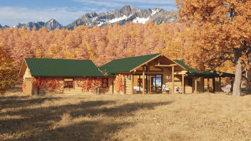 Ranchette Floor Plan showing log house with green roof