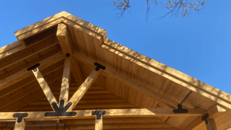 The top joinery of a log cabin roof - part of Sierra Log & Timber's log cabin kits