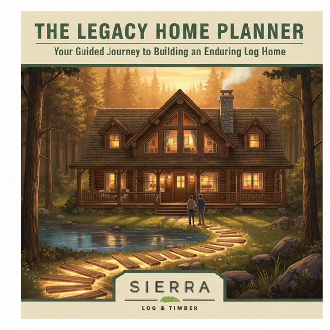 A stunning log cabin made of rich red cedar nestled among tall pine trees under a clear blue sky.