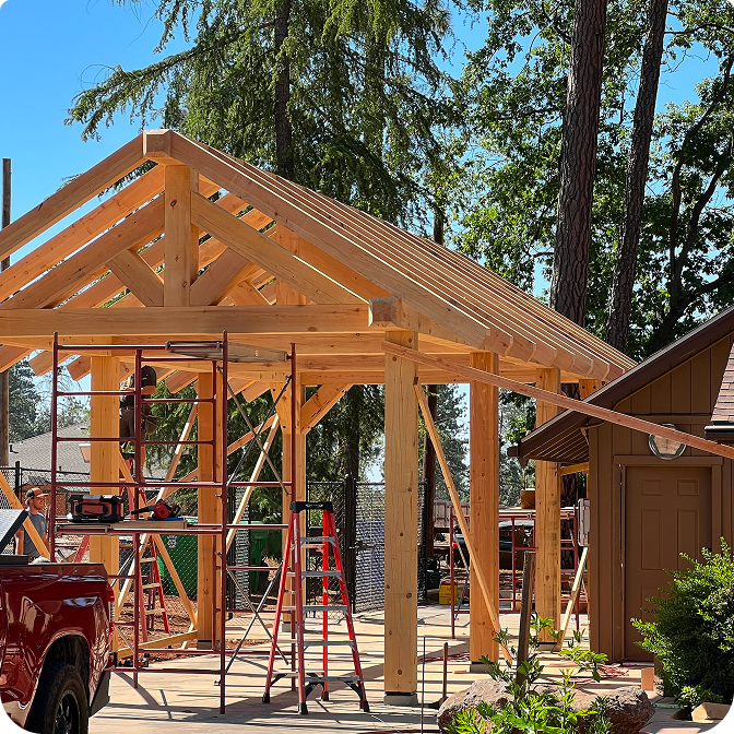 A stunning log cabin made of rich red cedar nestled among tall pine trees under a clear blue sky.