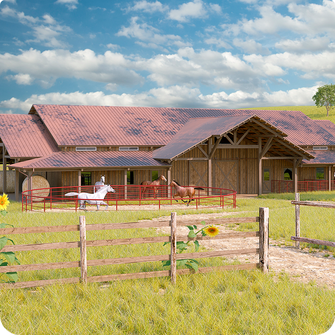 A stunning log cabin made of rich red cedar nestledas among tall pine trees under a clear blue sky.