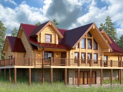 Beautiful luxury log home with lush green beauty