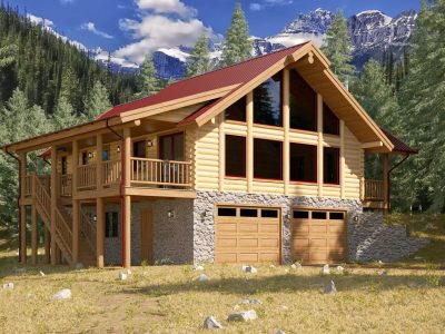 Log home situated in forest