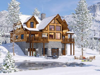 beautiful luxury Log home in snow