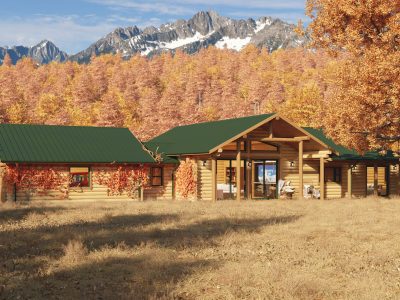 Ranchette Floor Plan showing log house with green roof