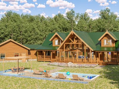 Elkton custom home floor plan featuring jumbo logs and green roof