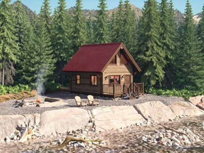 Crow's Nest floor plan shows a custom log house with red roof